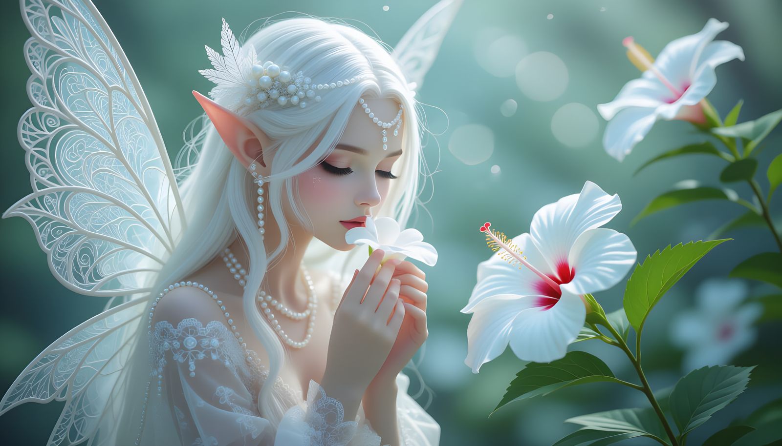 Ethereal Fairy Smelling Hibiscus in Misty Fantasy Landscape