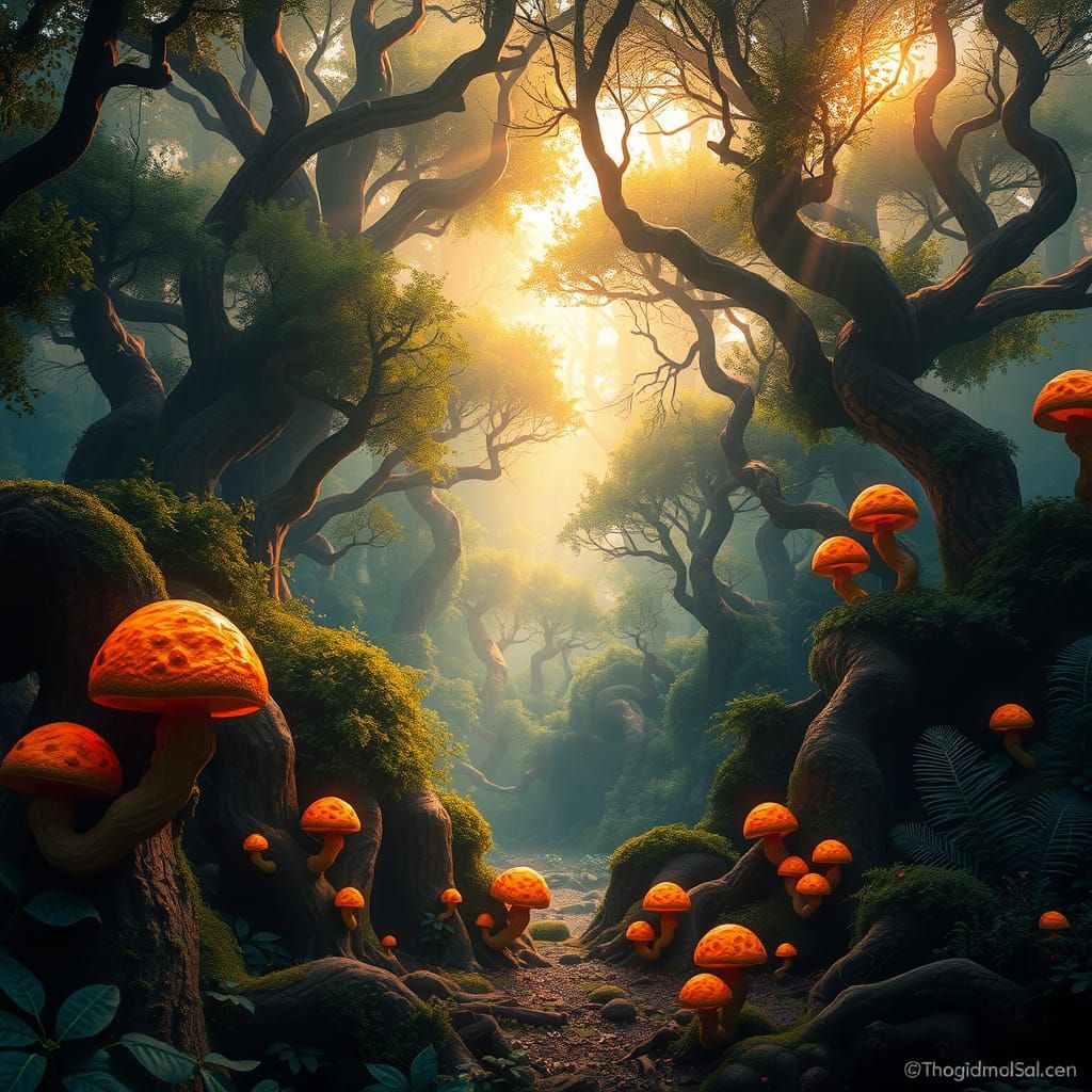 Mystical Forest Sunrise in Detailed Matte Painting
