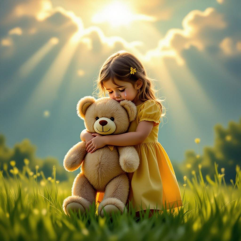 Girl Hugs Teddy Bear in Sunlit Meadow