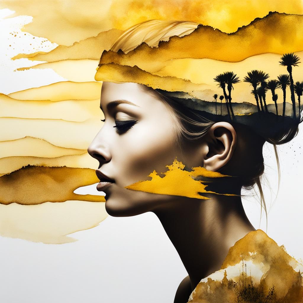 Double Exposure: Woman and Sand Dunes in Watercolor