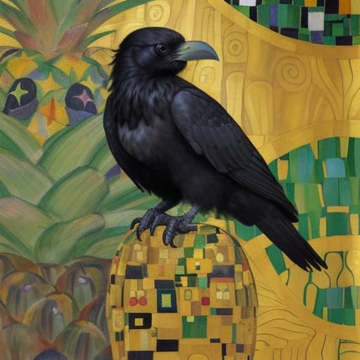 Very cute black raven sitting beside a pinapple, by gustav klimt
