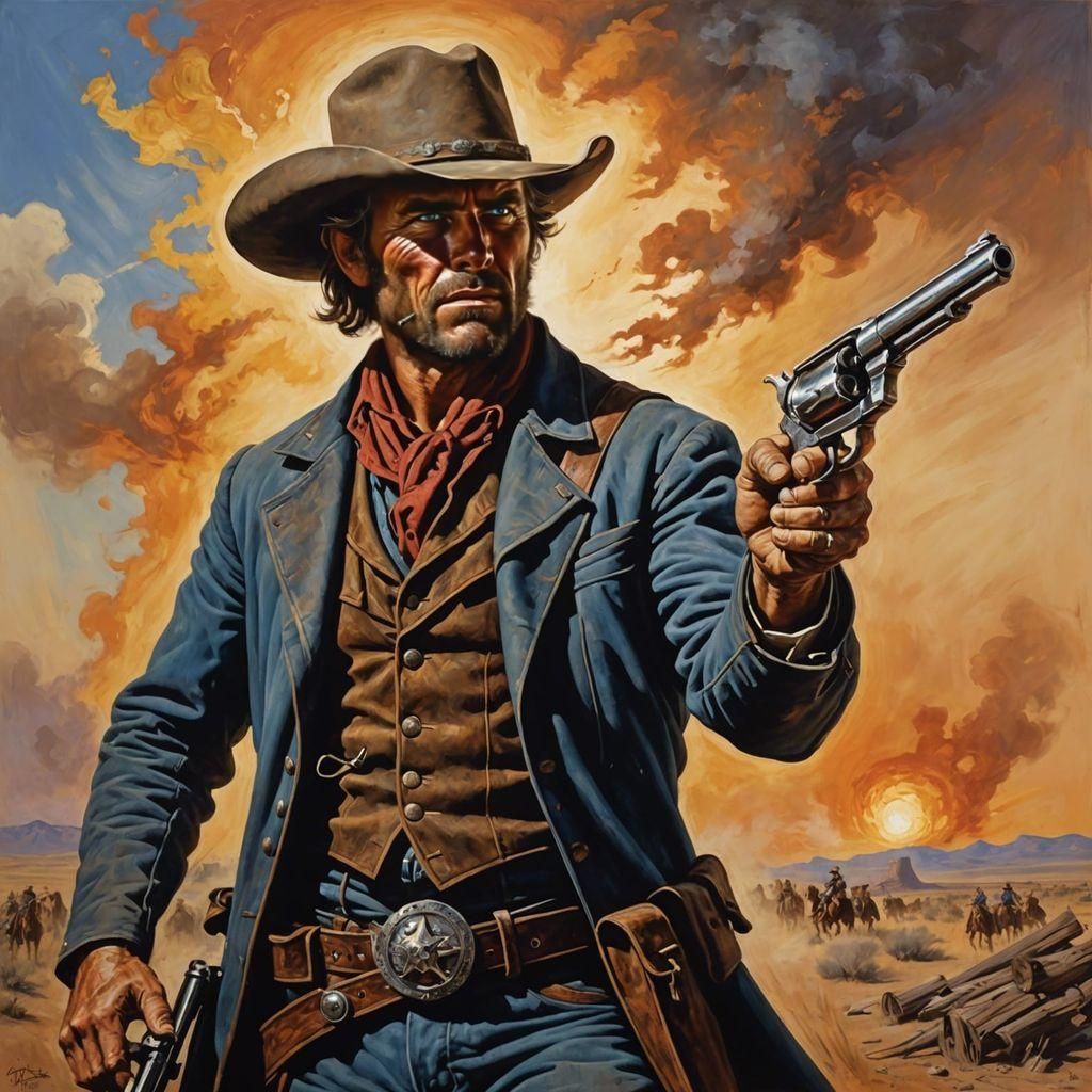 In the dusty Wild West, a rugged gunslinger stands tall amid...