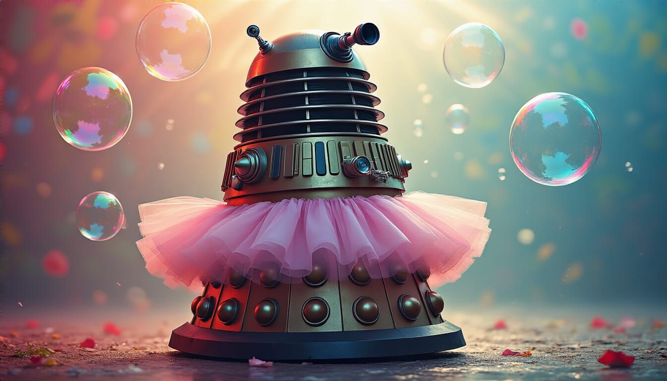 Dalek in Tutu with Bubbles: Hyperrealistic Splash Art