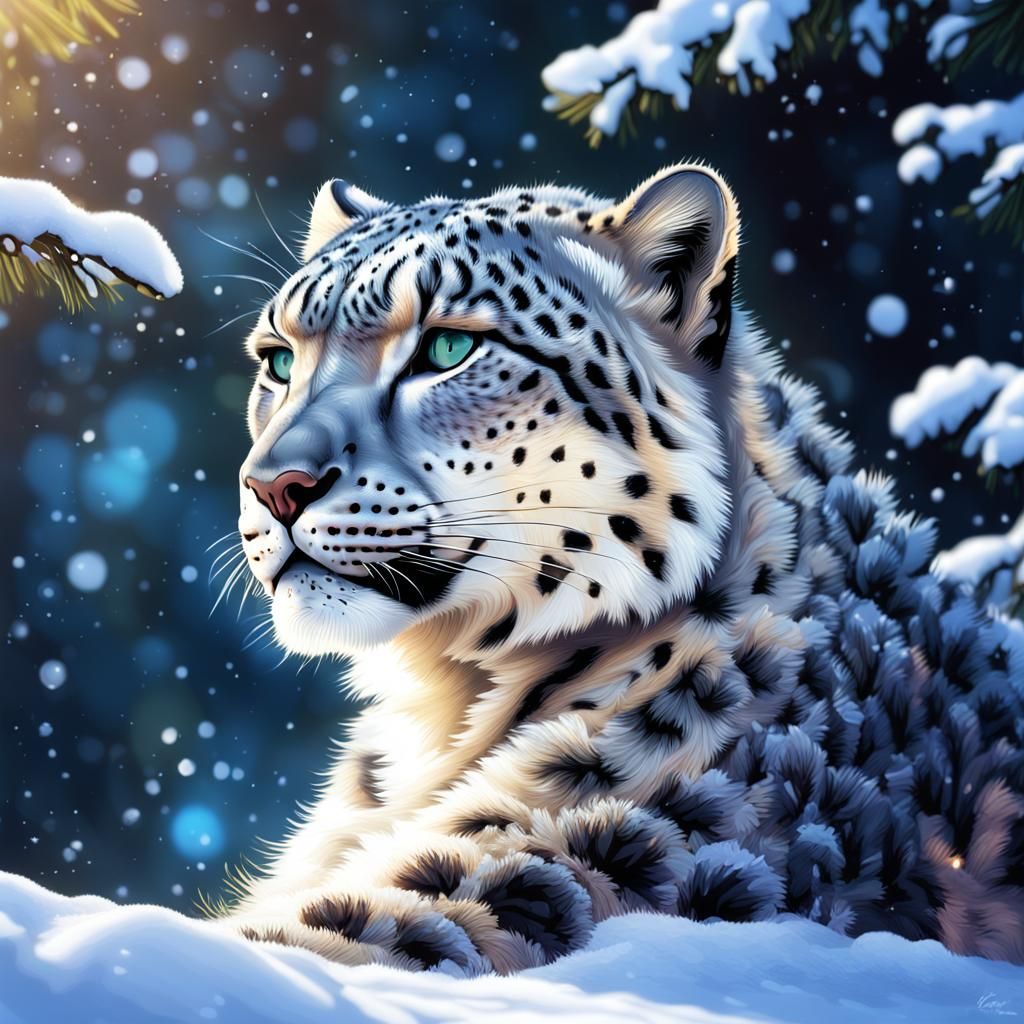 Snow Leopard in Snowy Pine Forest at Dusk in Hyperrealistic...