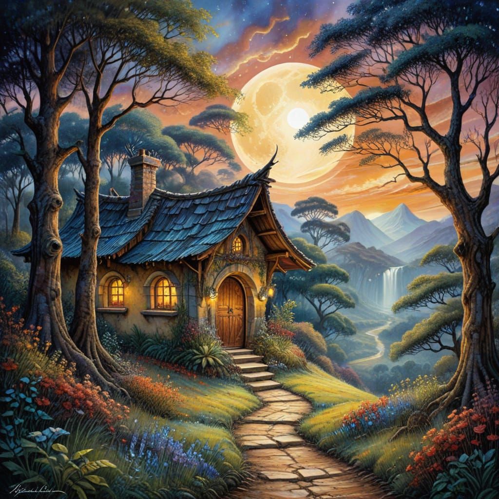 Enchanted Hobbit House Under Full Moonlight