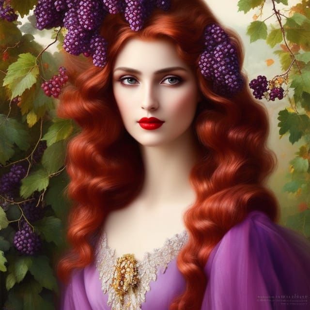 Beautiful Woman in Vineyard, Digital Art in Oil Painting Sty...