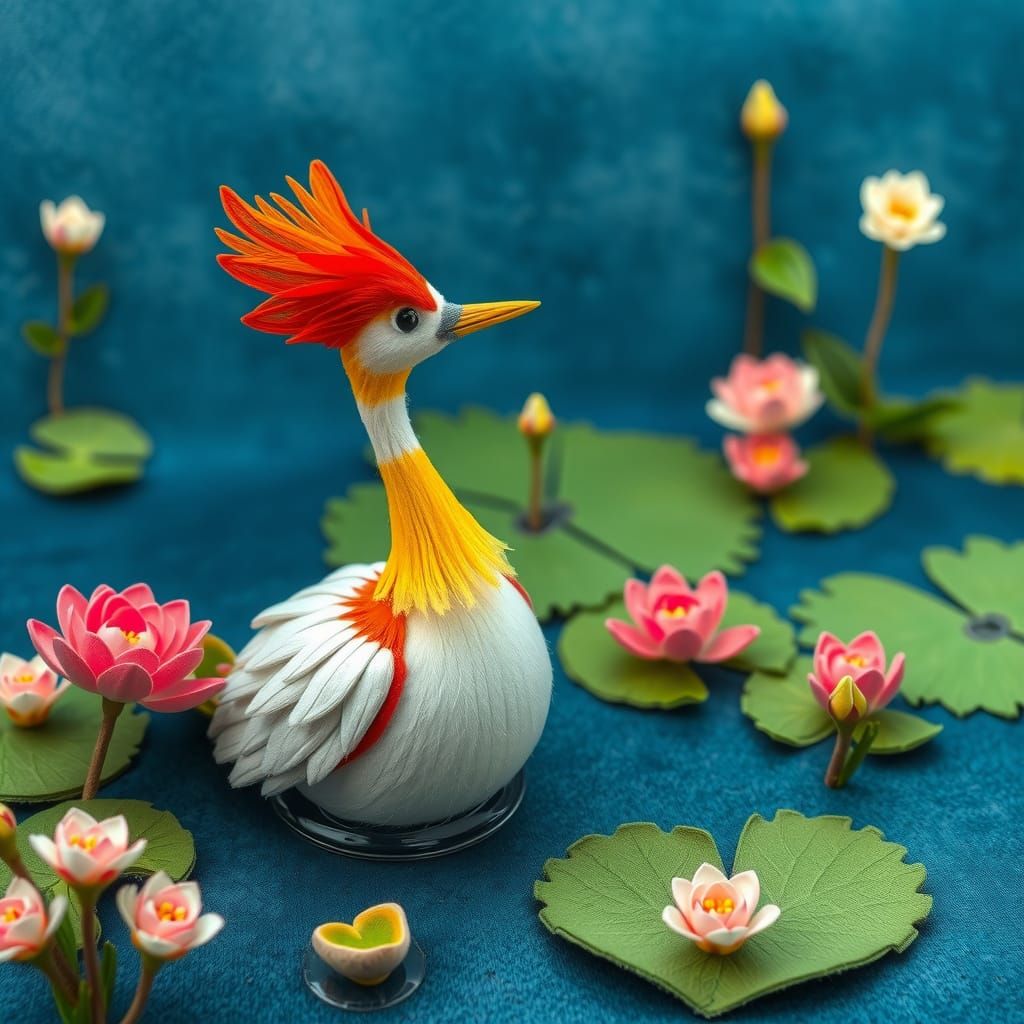 Felt Mandarin Duck in Lotus Pond, Illustrated Style
