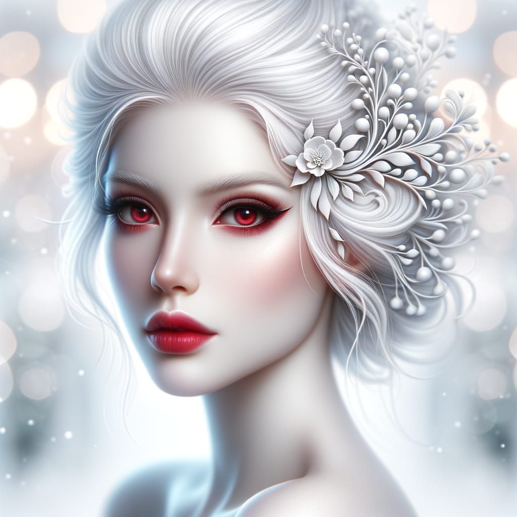 Photorealistic Portrait: Woman with White Hair and Red Eyes