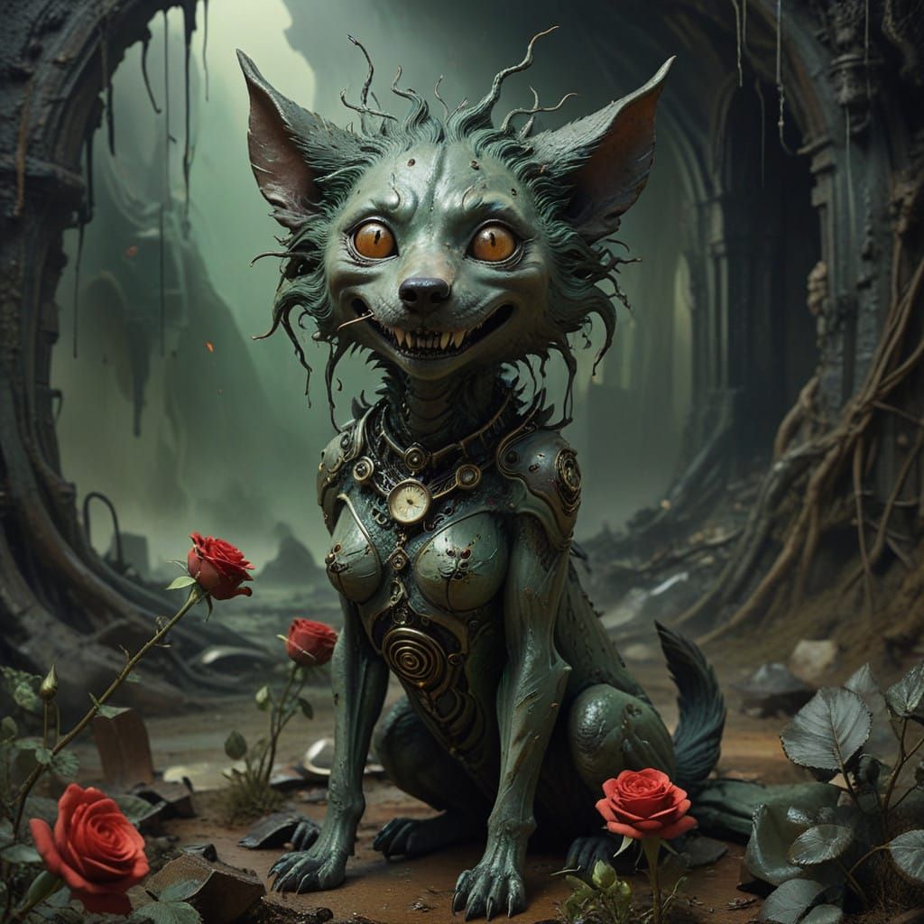 Mogwai in Surreal Landscape with Hybrid Wolf-Rat