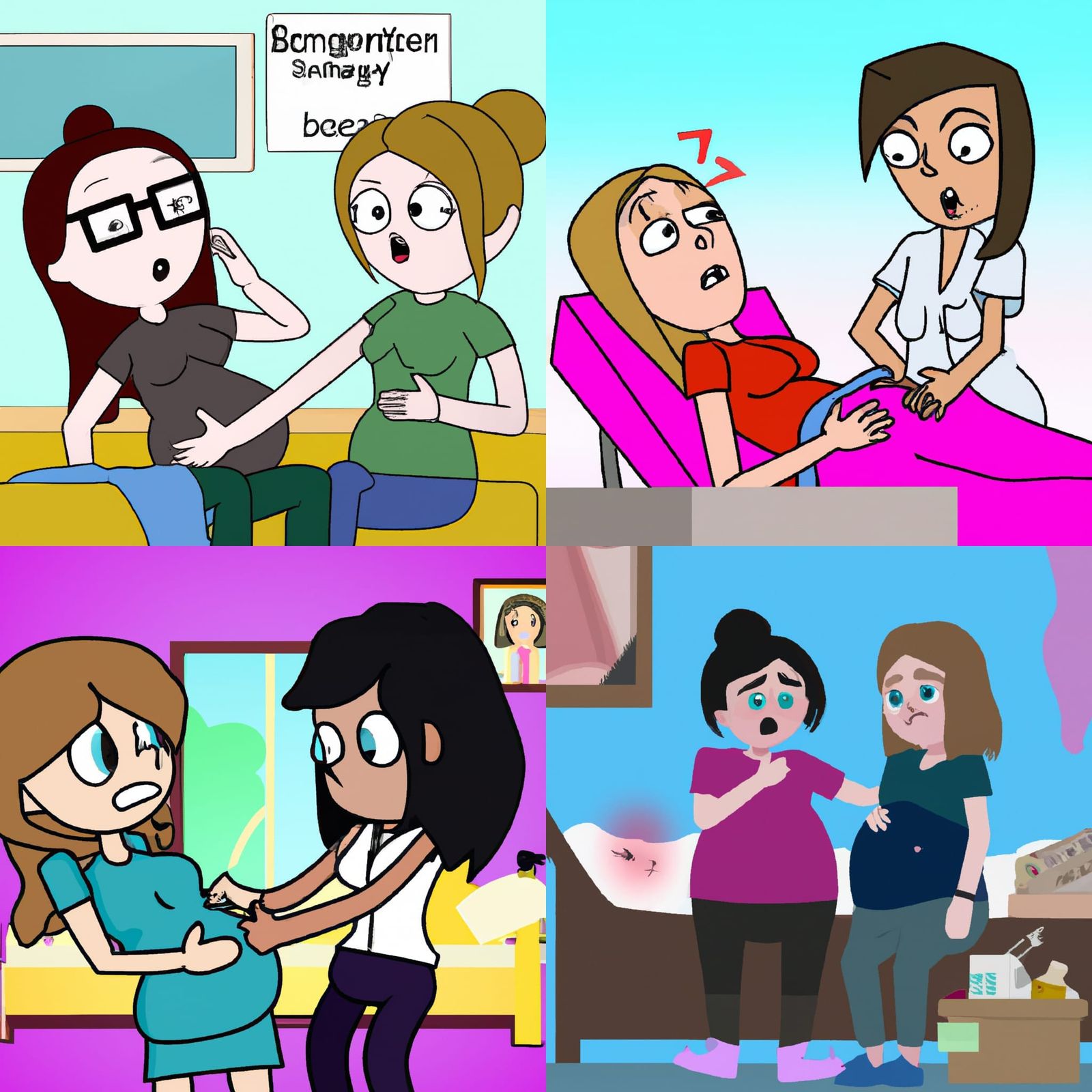 Cartoon Image of Lesbian Couple Experiencing Labor