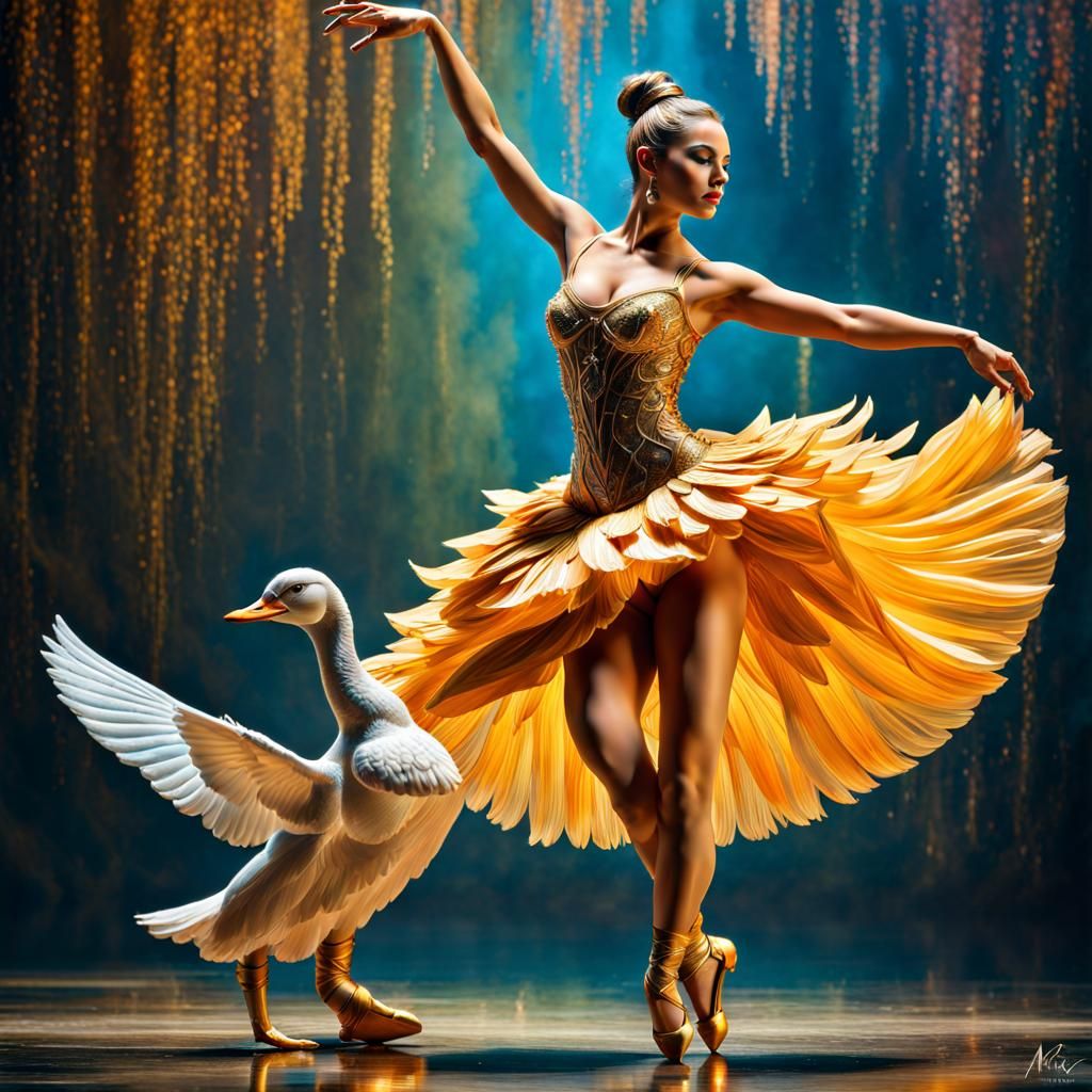 Ballerina and Duck Dance in Hyperrealistic Teal and Gold