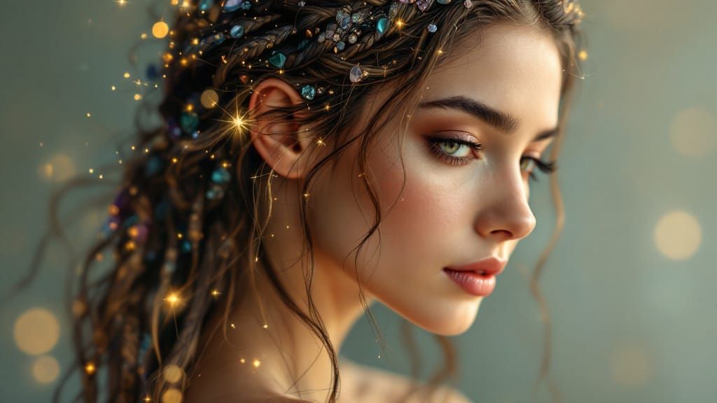 Celtic Mosaic Woman with Shimmering Fractal Hair