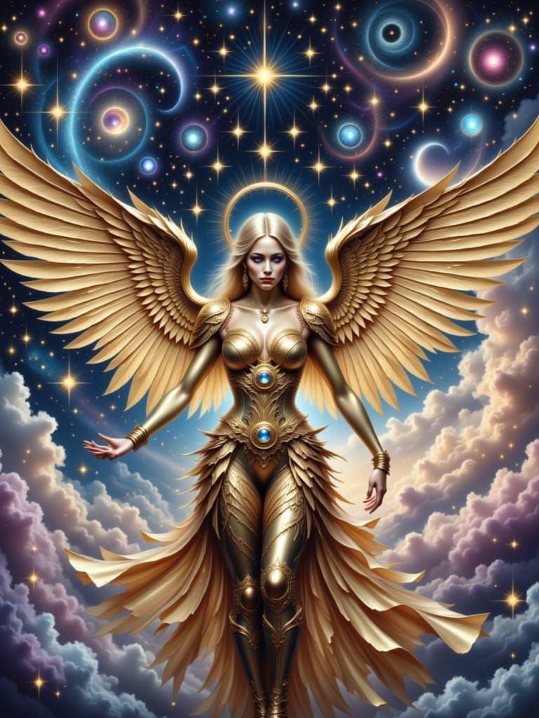 Celestial Clockwork Angel in Hyperrealistic Art Deco Style