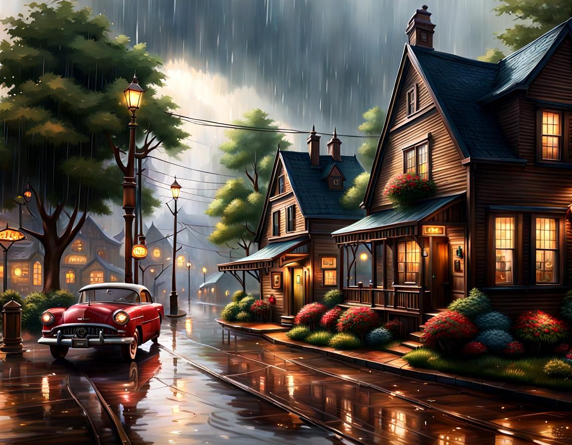 Quaint Rainy Town in Thomas Kinkade Style