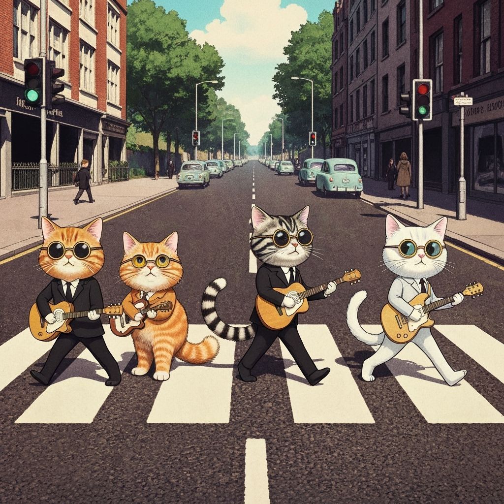 Cats Recreate Abbey Road Album Cover in Comic Style