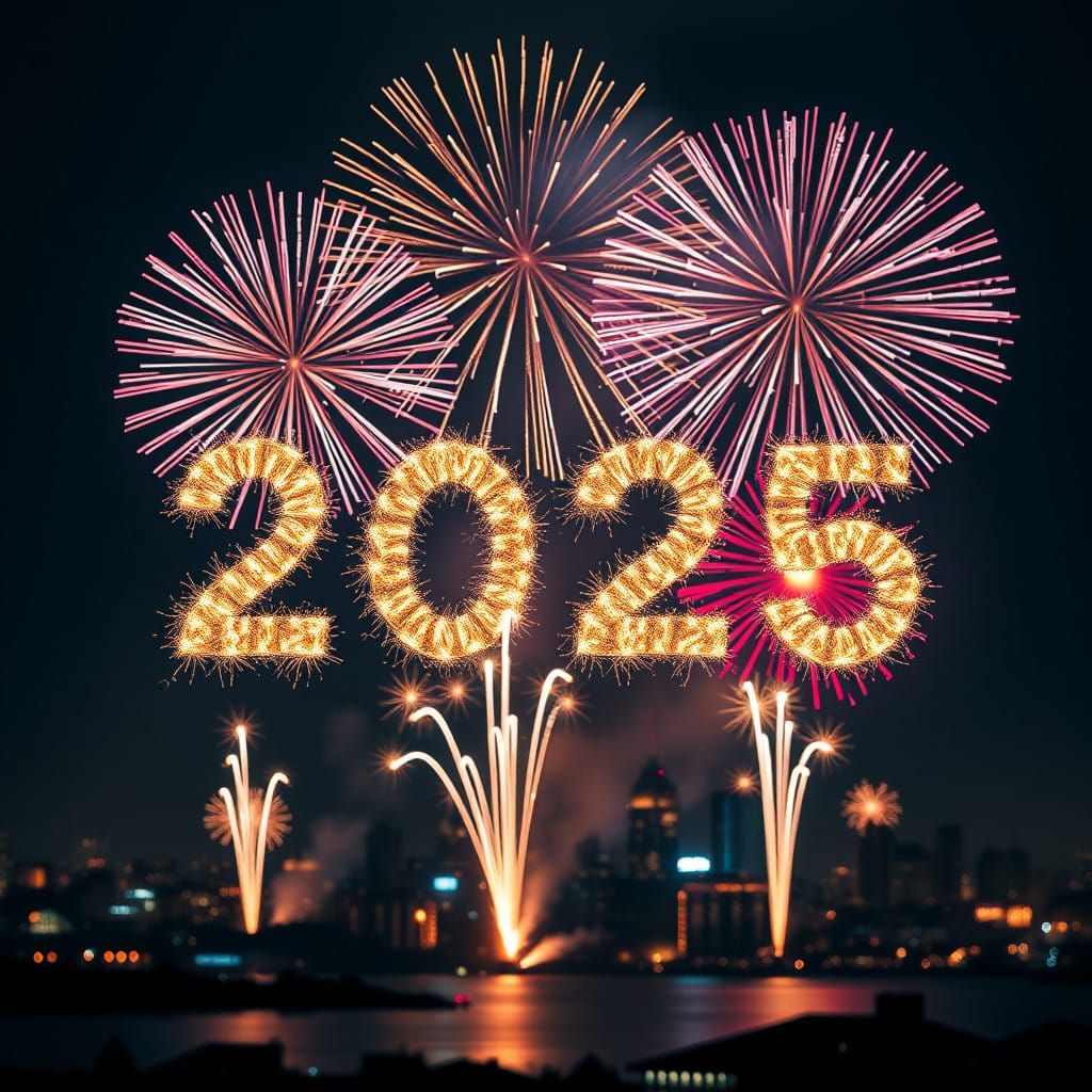 Vibrant Fireworks Illuminating the Number 2025