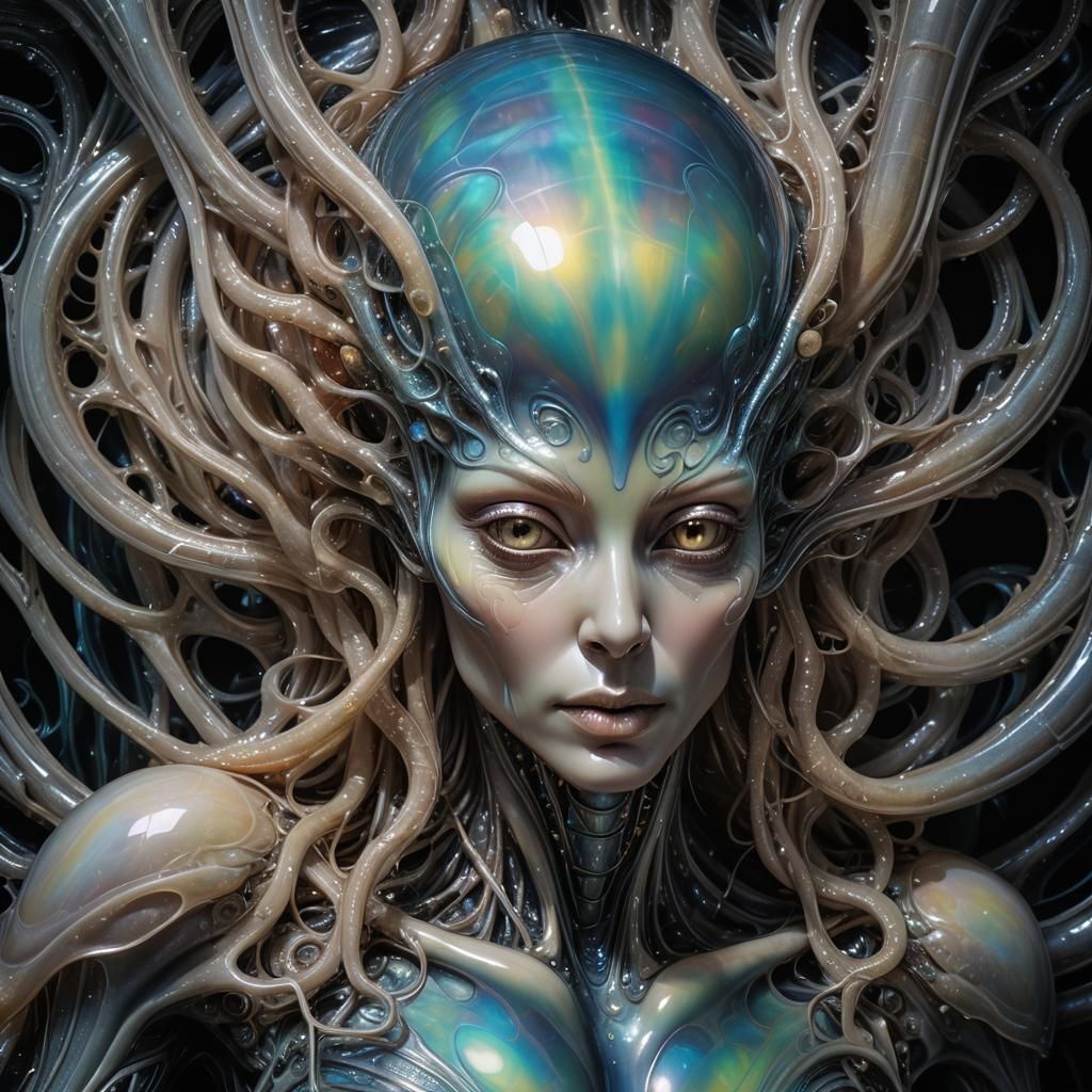 Surreal Alien Venus Emerges from Iridescent Shell