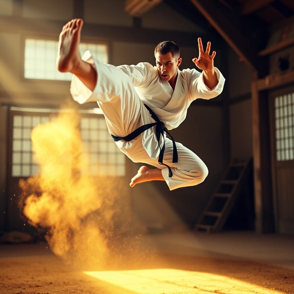 Dynamic Martial Artist Flying Kick in Cinematic Style