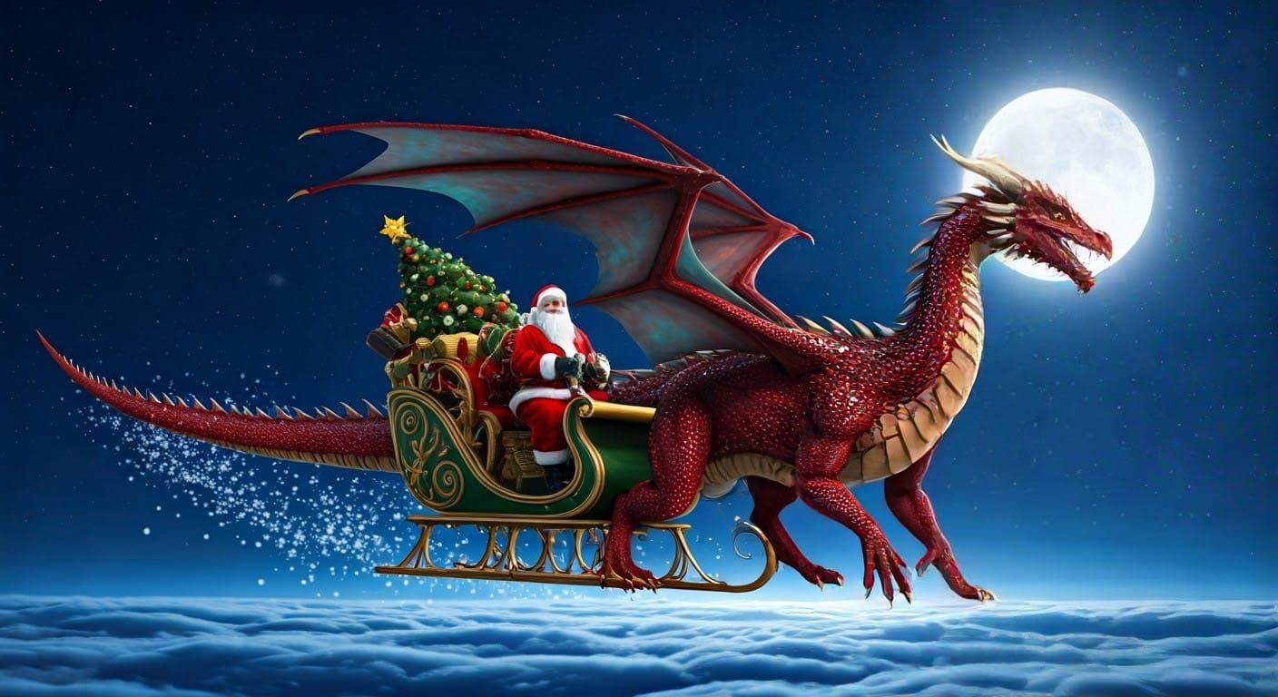 Crimson Christmas Dragon Pulls Santa's Sleigh