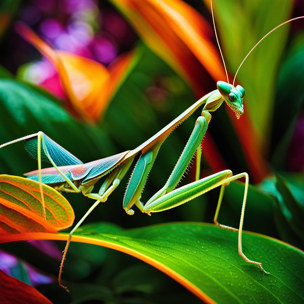 Praying Mantis on Surreal Flora, Max Ernst Style