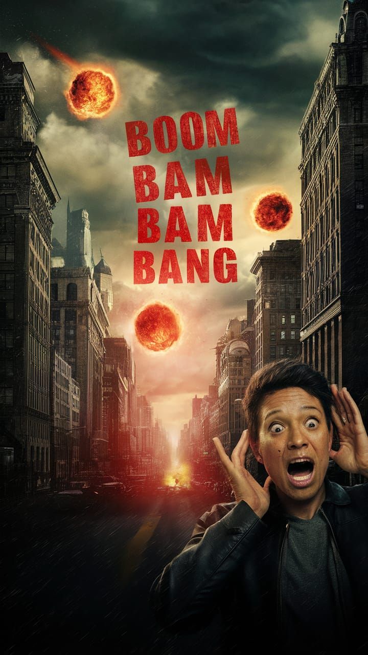 City Under Siege with Explosions and Fiery Text