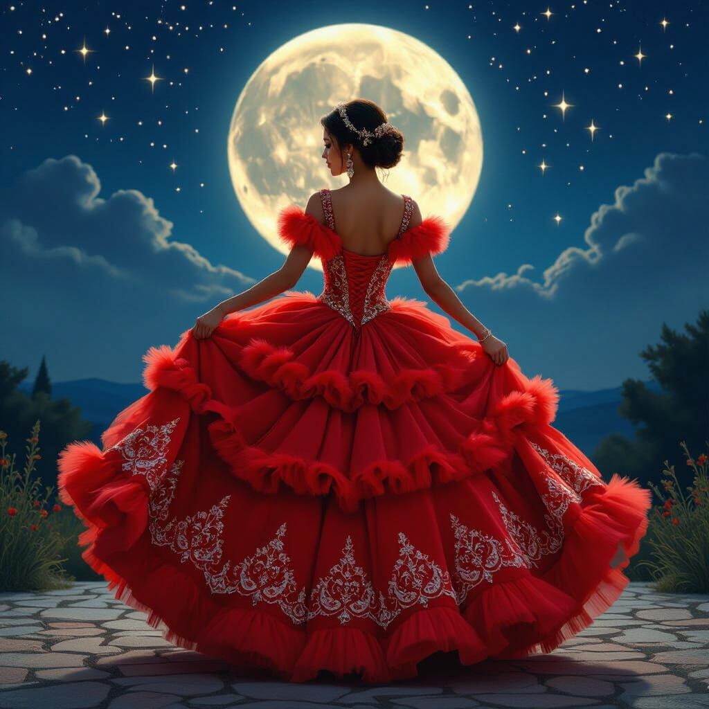 Quinceanera Dancing Under a Starry Moonlit Sky
