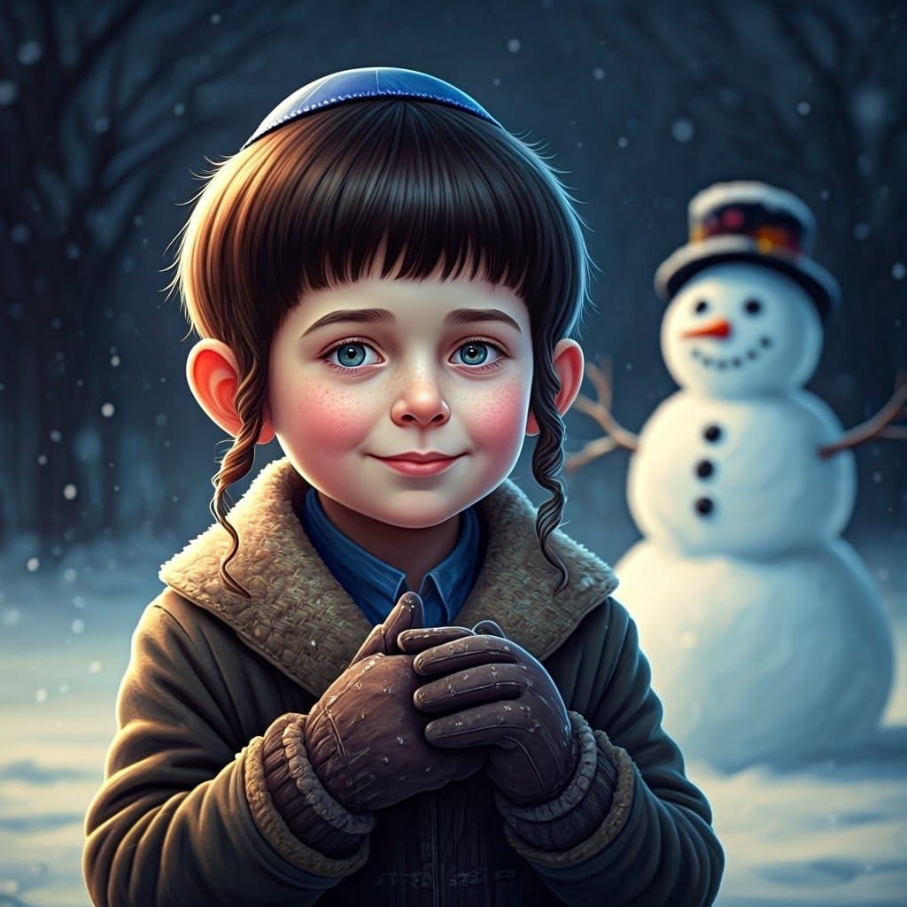Hasidic Boy in Winter Wonderland with Whimsical Wigs and Sno...