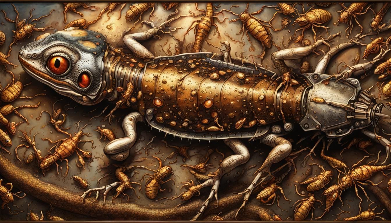 Lizard Swarmed by Insects in Steampunk Style