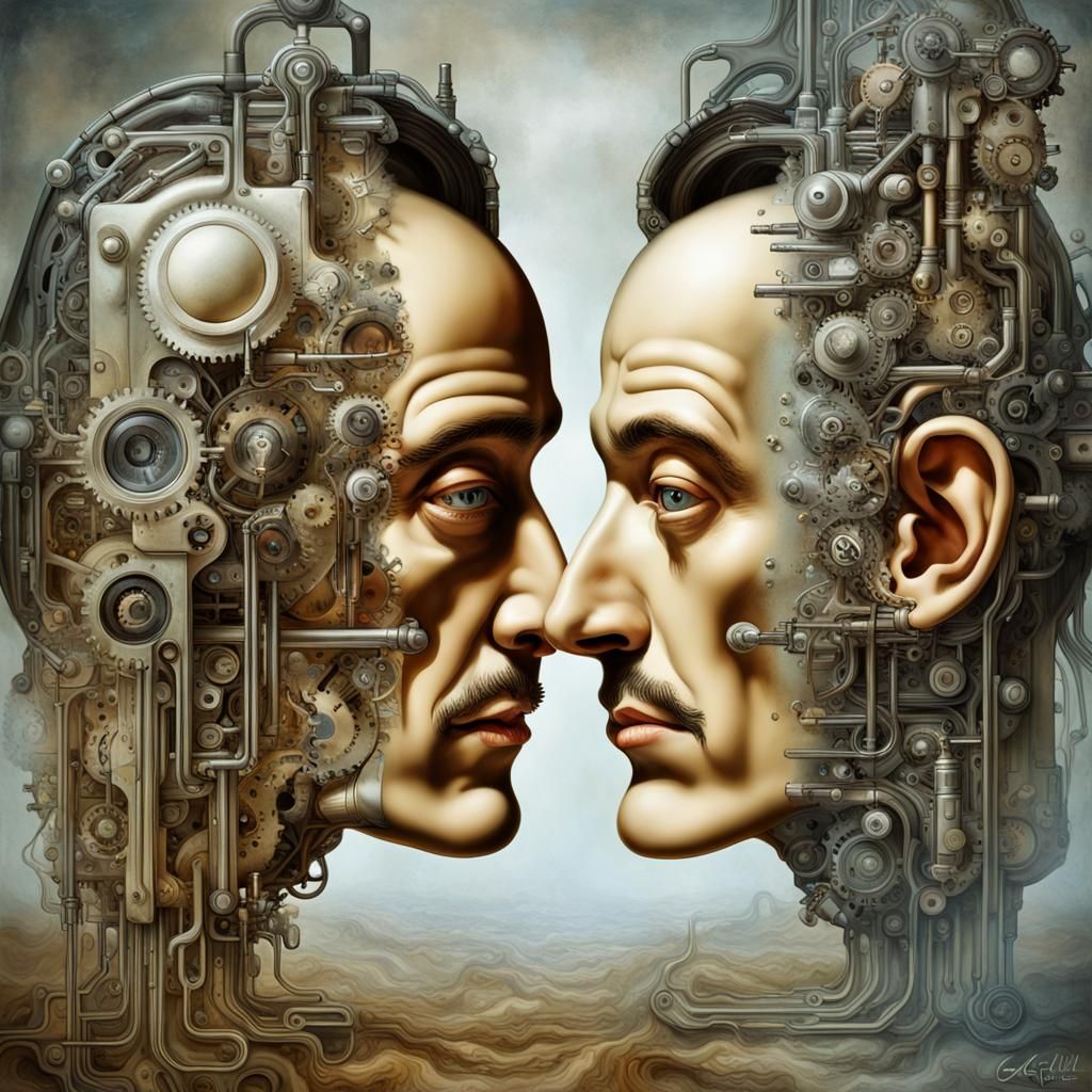 A double exposure of the innerworkings of a mechanical mind surrealism Salvador Dali matte background melting oil on can...