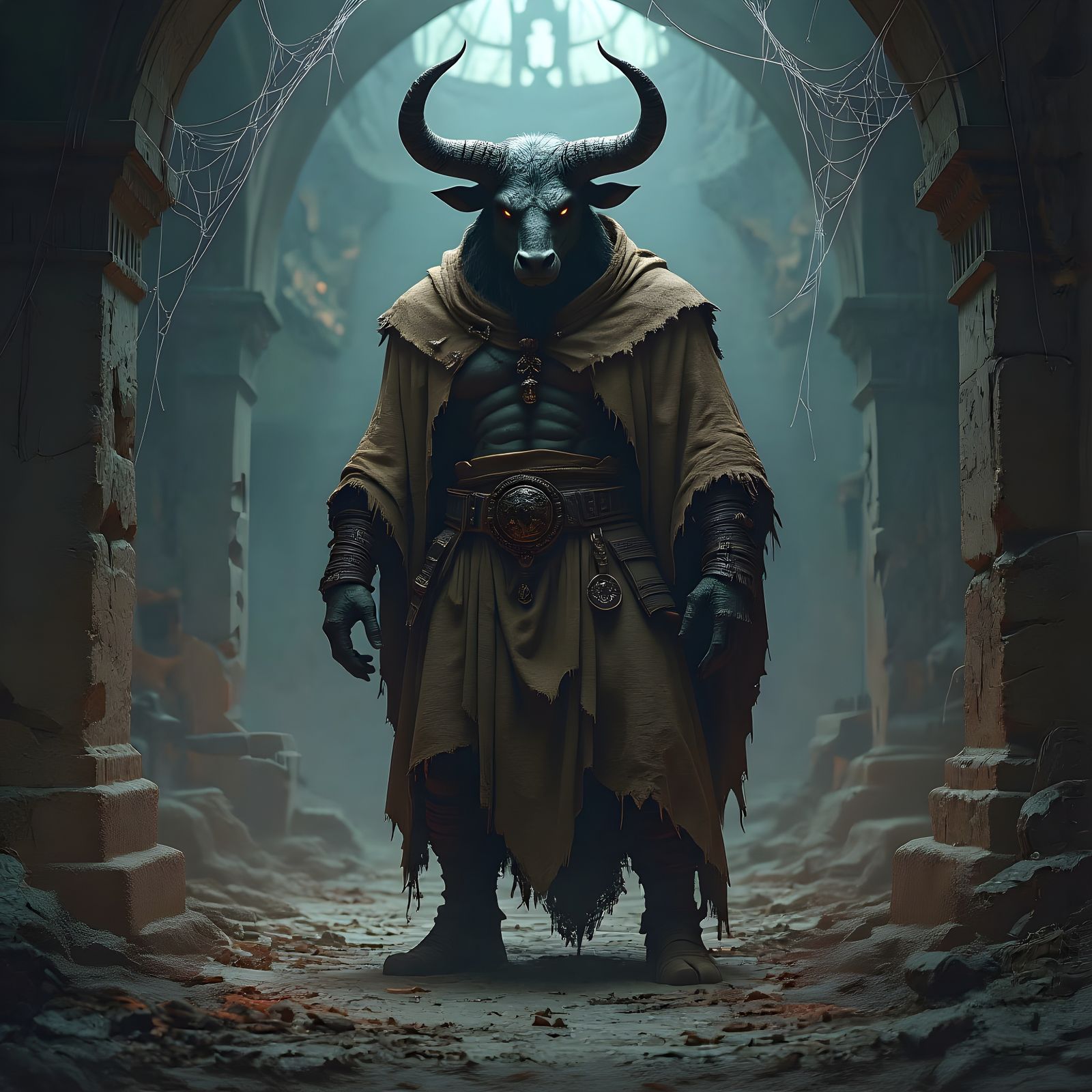 Minotaur in Abandoned Temple, Gothic Horror Style
