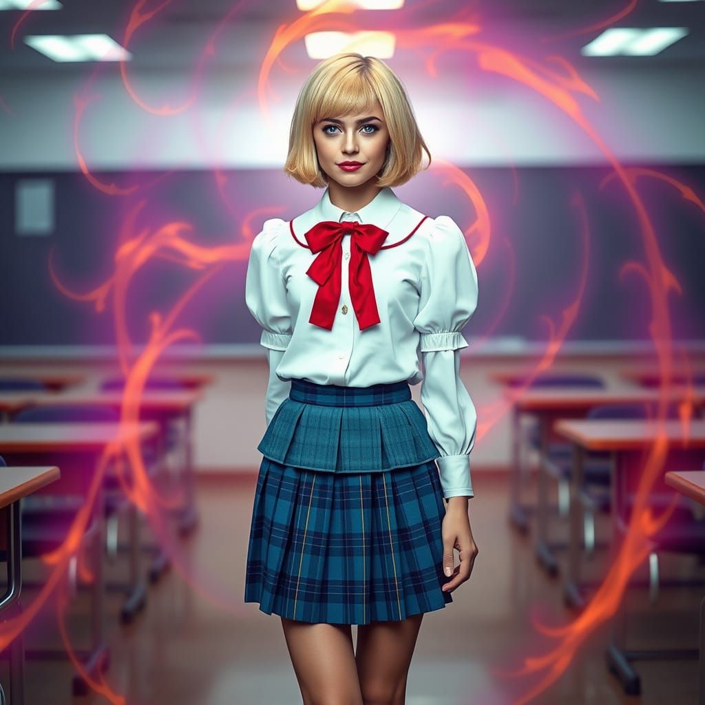 Goddess in Schoolgirl Attire with Eerie Aura