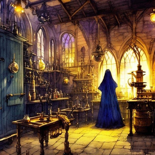 Dark Witch and Cat in Alchemical Laboratory