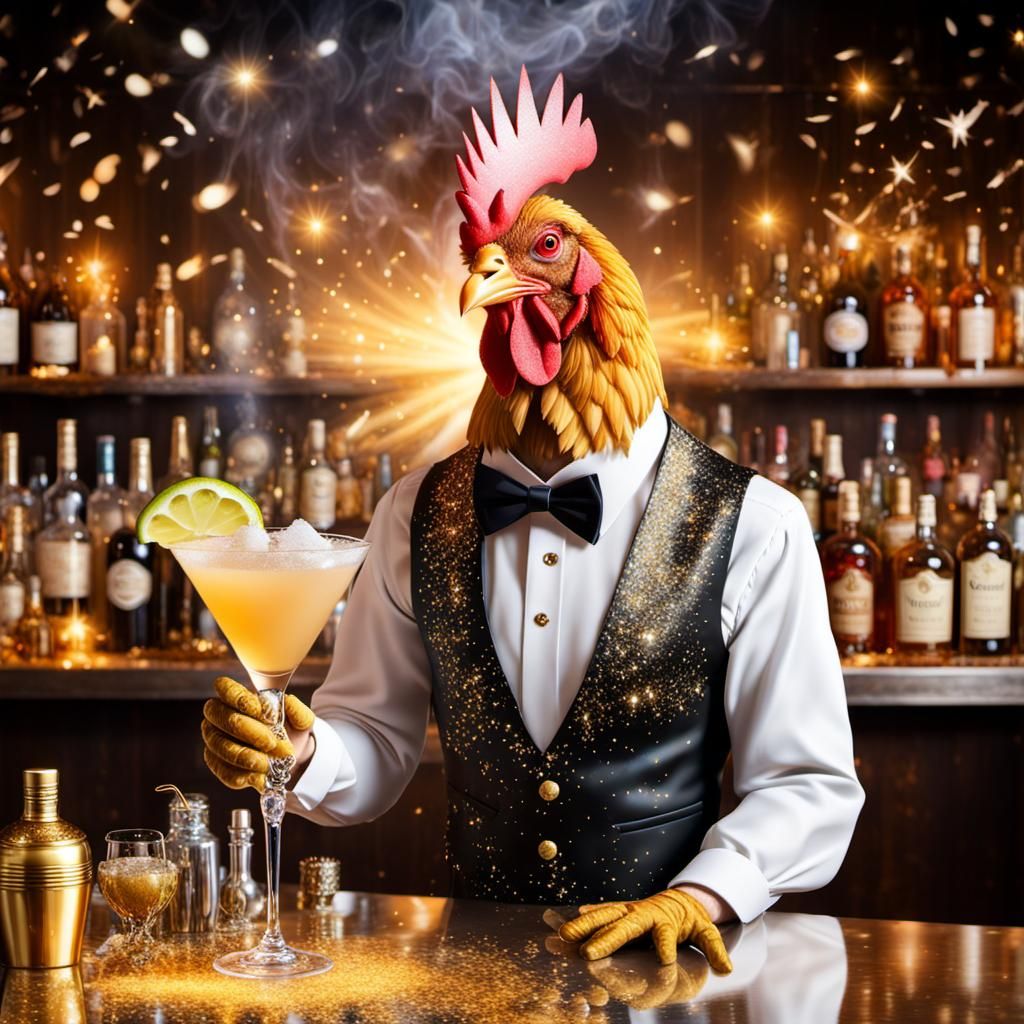 Cosmic Anthropomorphic Chicken Bartender in Dreamscape