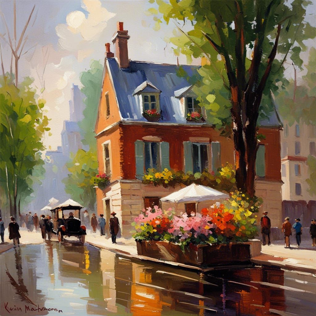 Impressionistic House with Stream and Flowers