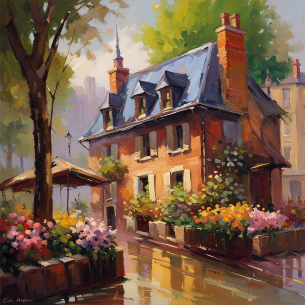Idyllic Brick House in Post-Impressionist Style
