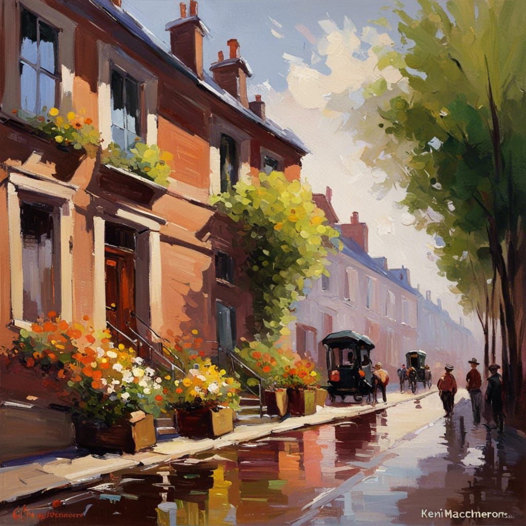 Cozy Brick House in Impressionistic Oil Painting Style