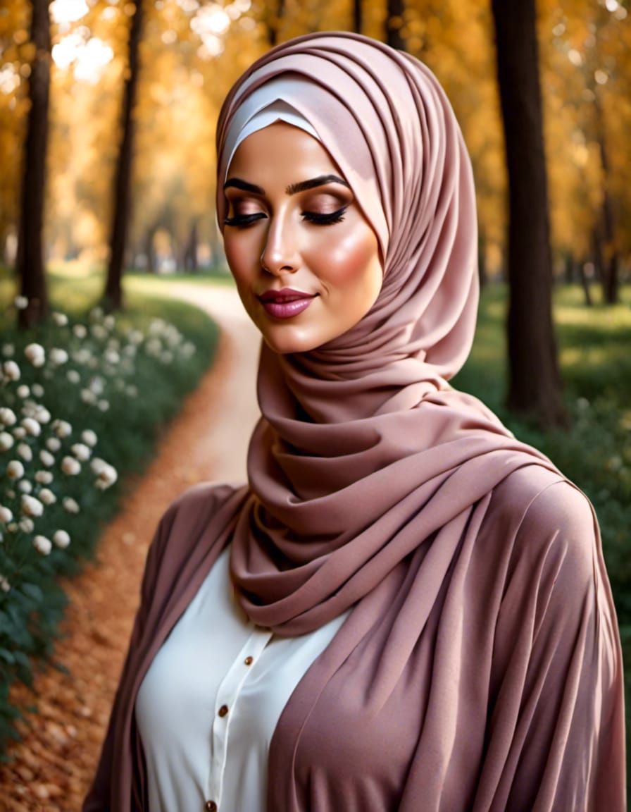 Elegant Hijabi Portrait in Mystic Forest, Gouache Style