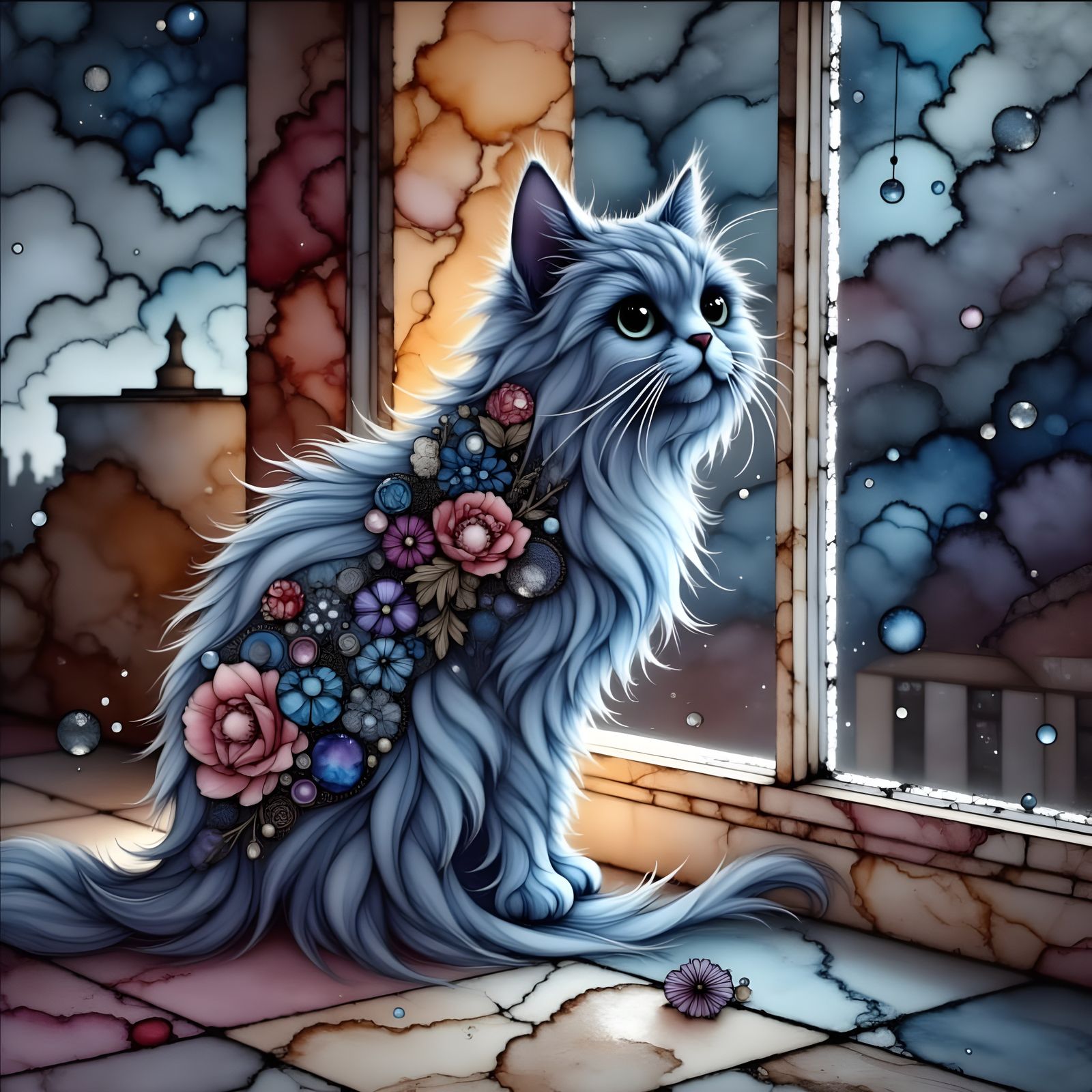 Blue Cat Looks Out at Stormy Rainy Day in Vibrant Colors