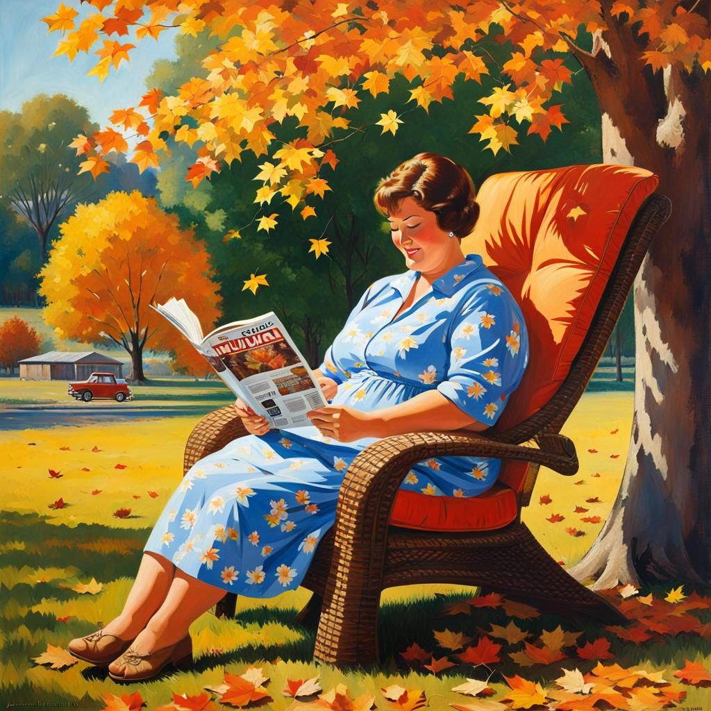 Woman Reading Under Autumn Tree, Oil Painting
