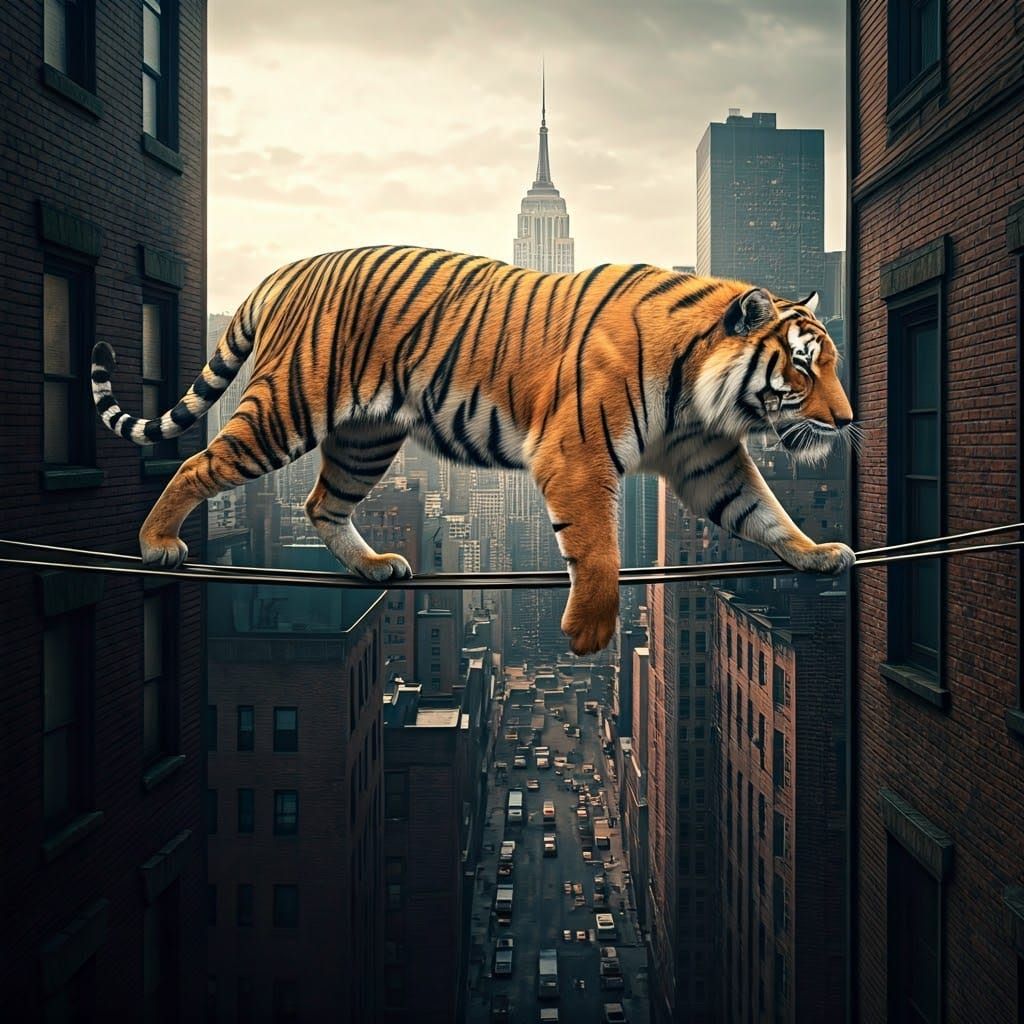 Majestic Tiger on Rooftop Clothesline