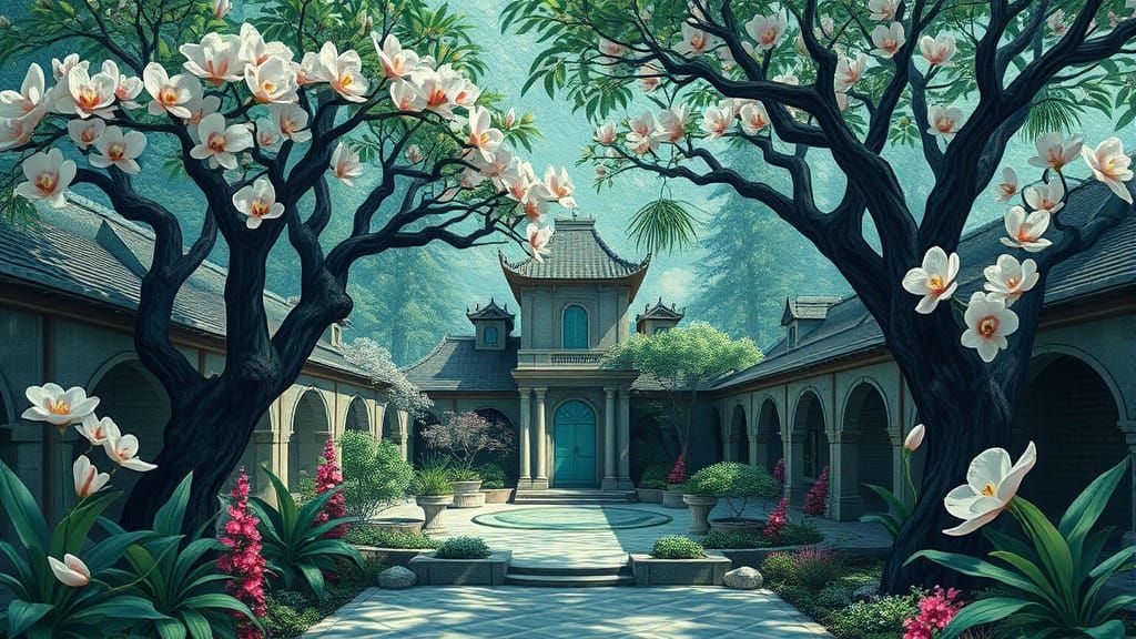 Sun-Dappled Courtyard Under Canopy of Blooming Trees