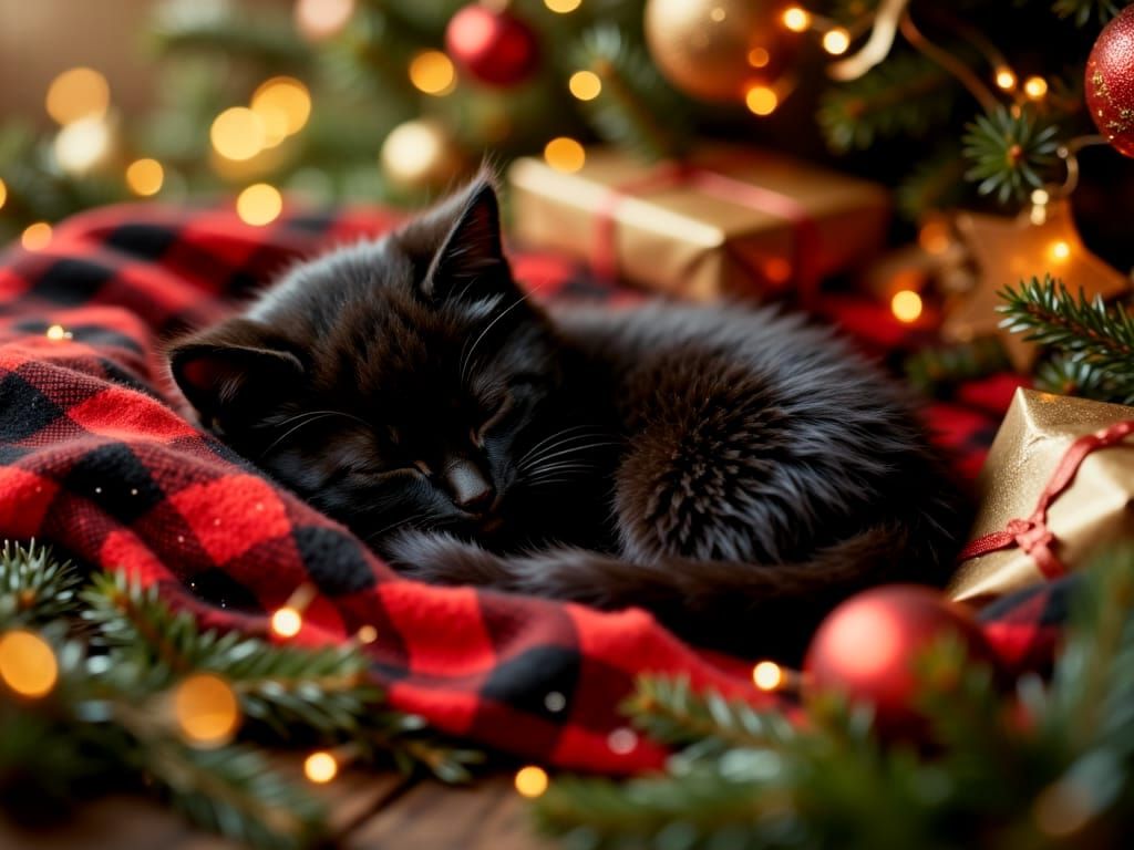 Adorable Sleeping Kitten in Enchanted Christmas Nook