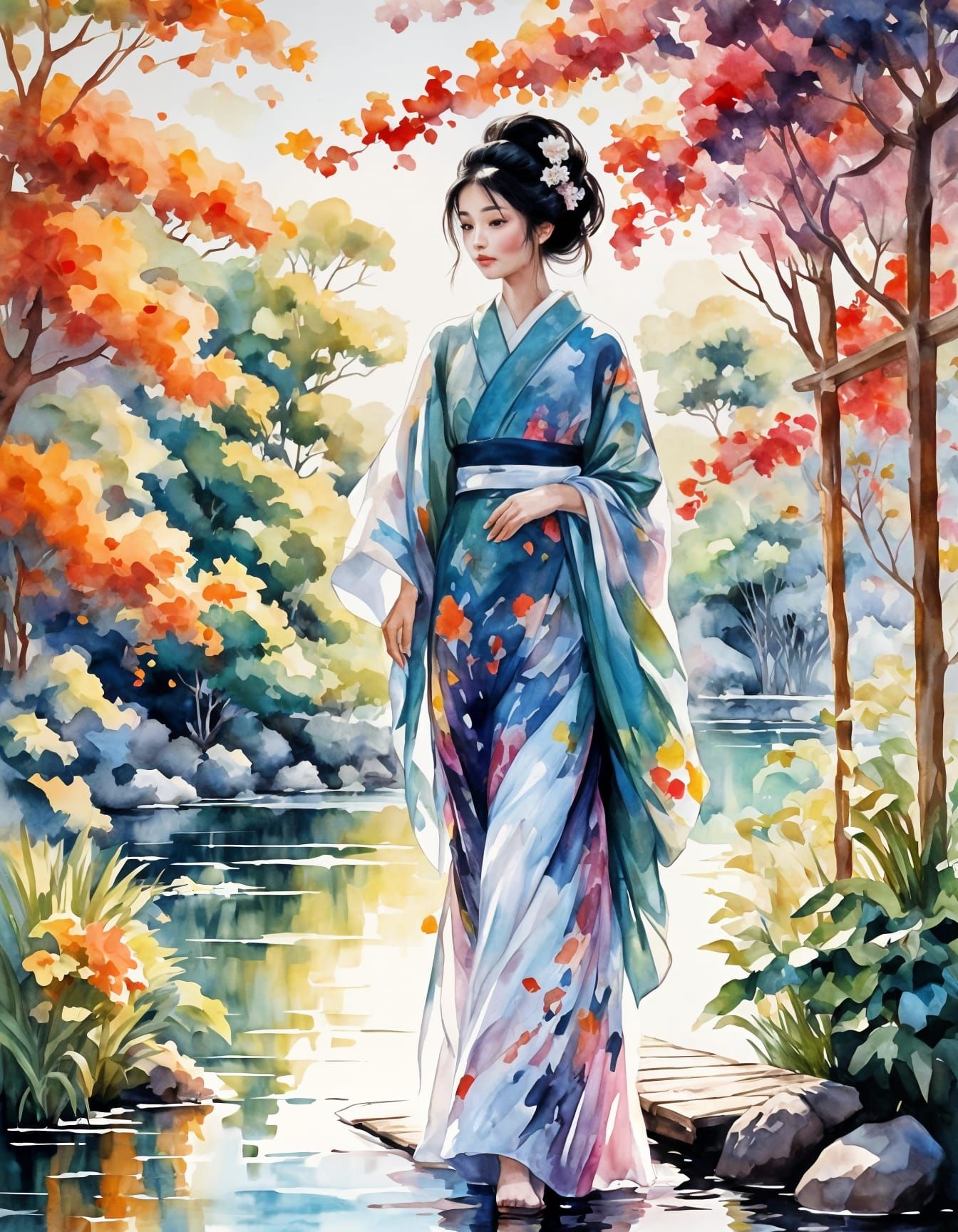 Geisha Portrait in Watercolor with Japanese Landscape