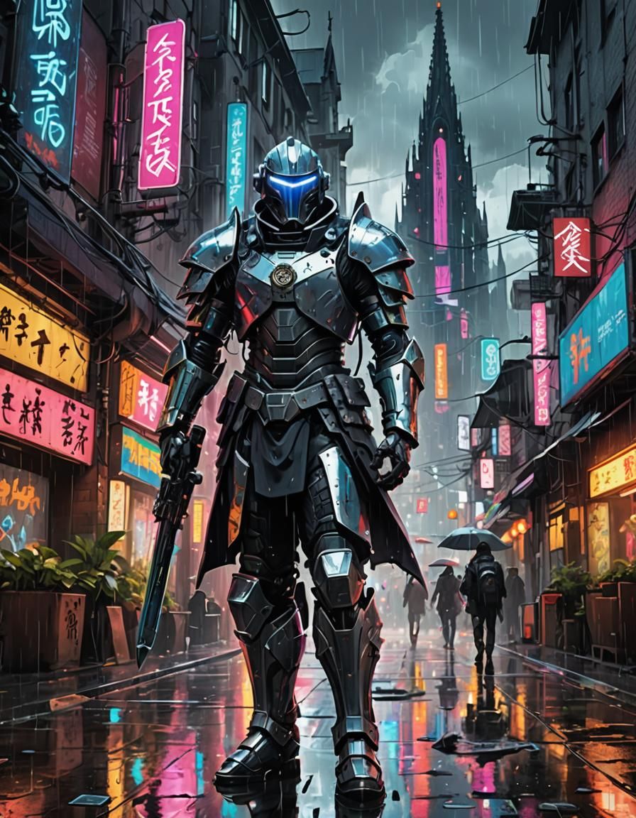 Cyberpunk Knight in Rain-Soaked City