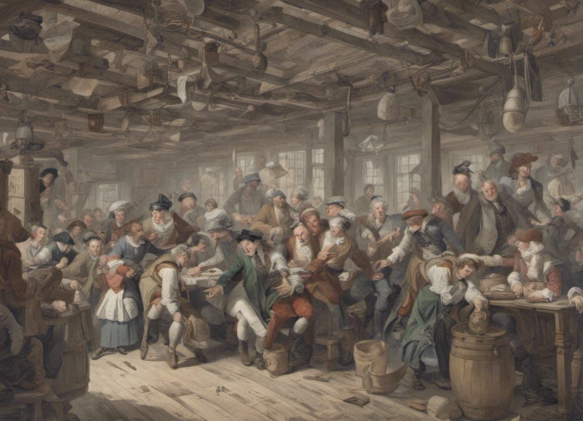 Eighteenth Century Tavern Scene in Hogarth Style