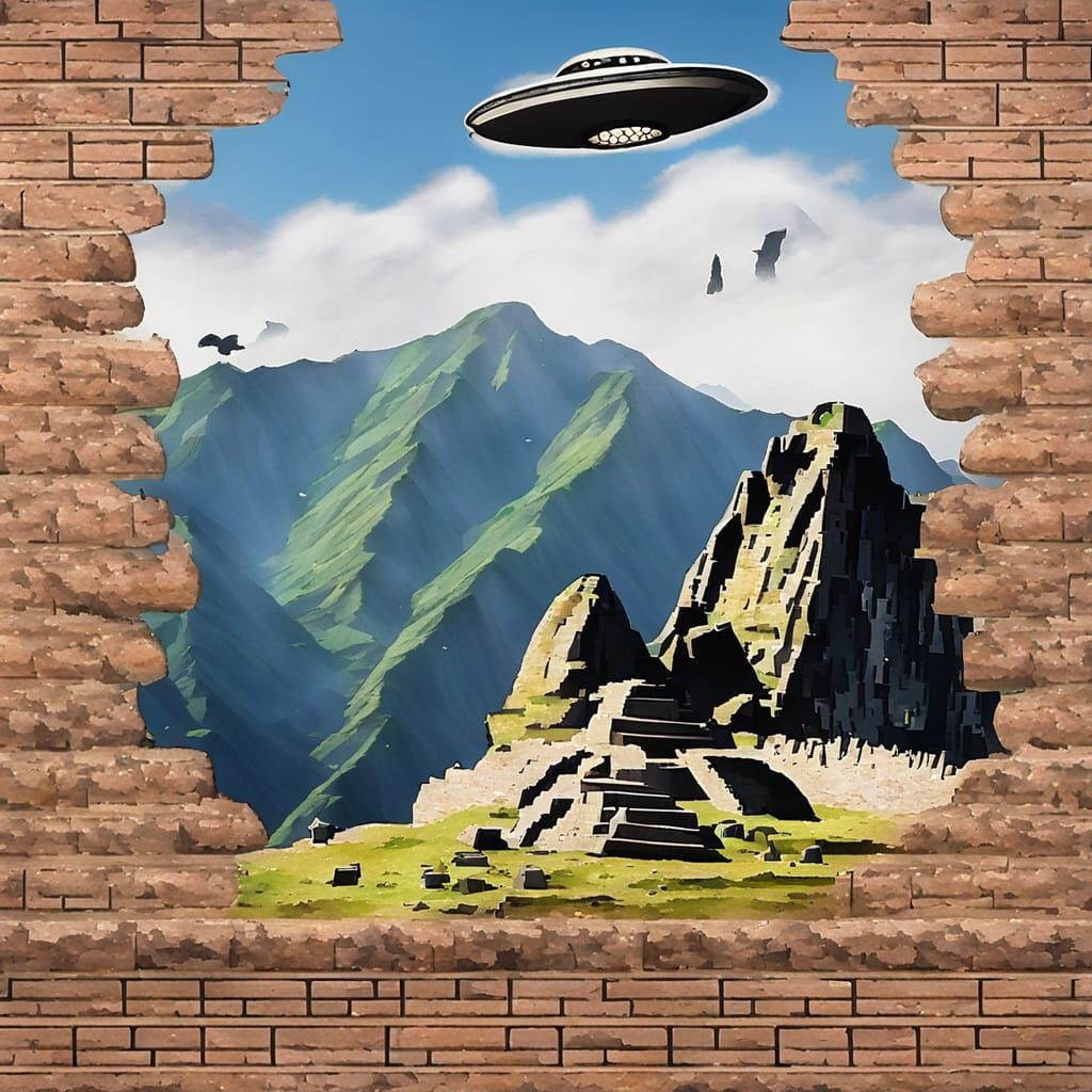 Ancient Machu Picchu Ruins in Ruin with Mysterious UFO in th...