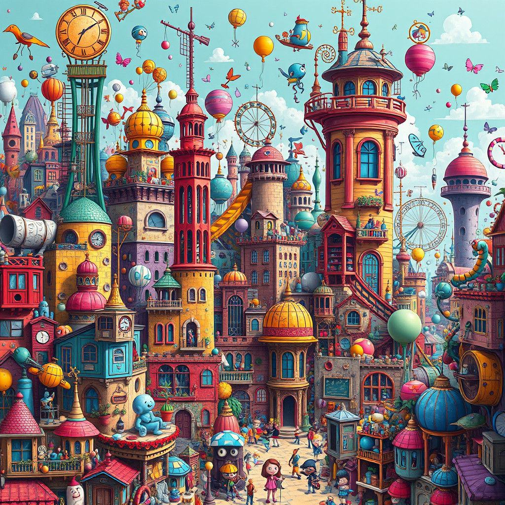 Whimsical Doodle Metropolis in Detailed Matte Painting