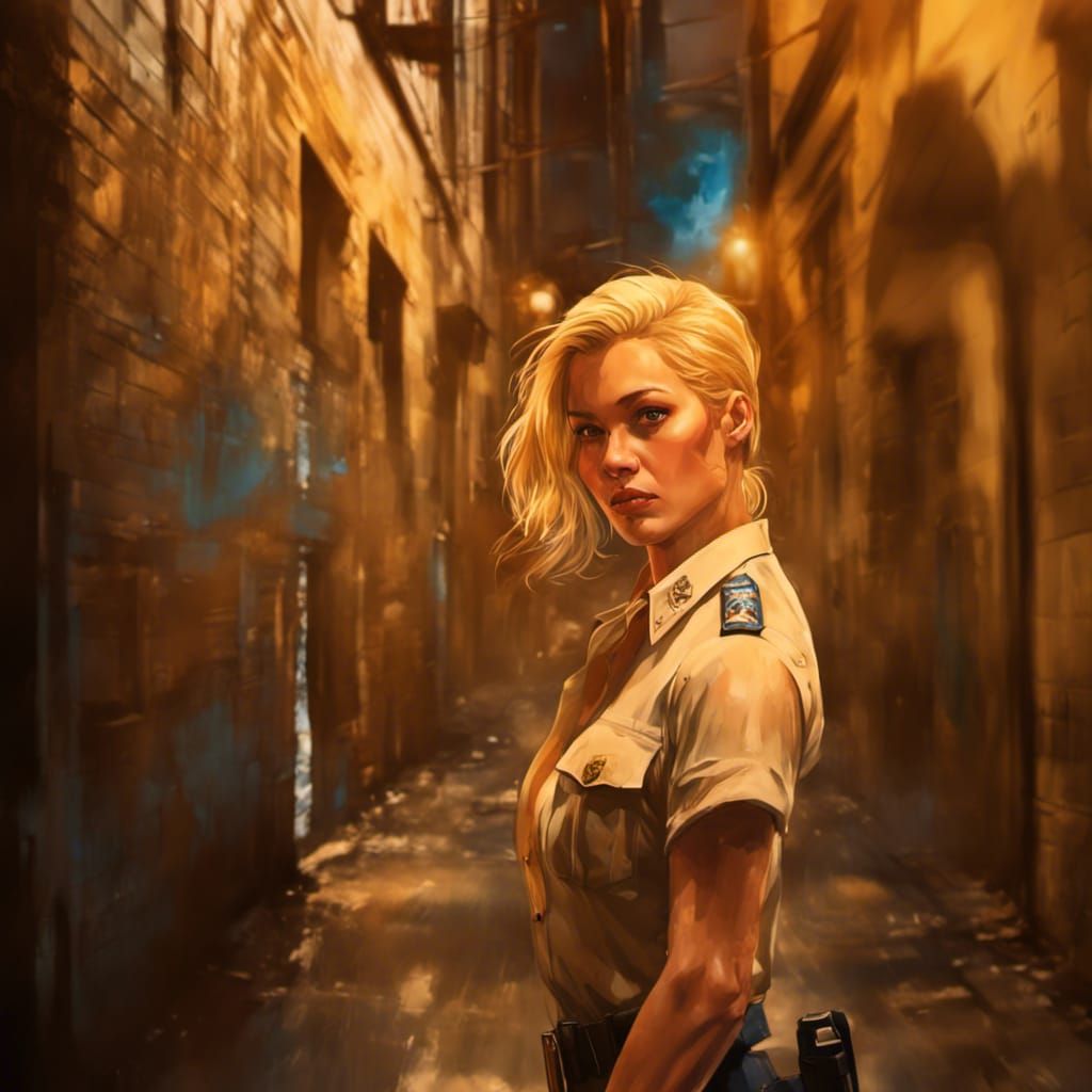 Hyperrealistic Blonde Policewoman in Wet Shirt