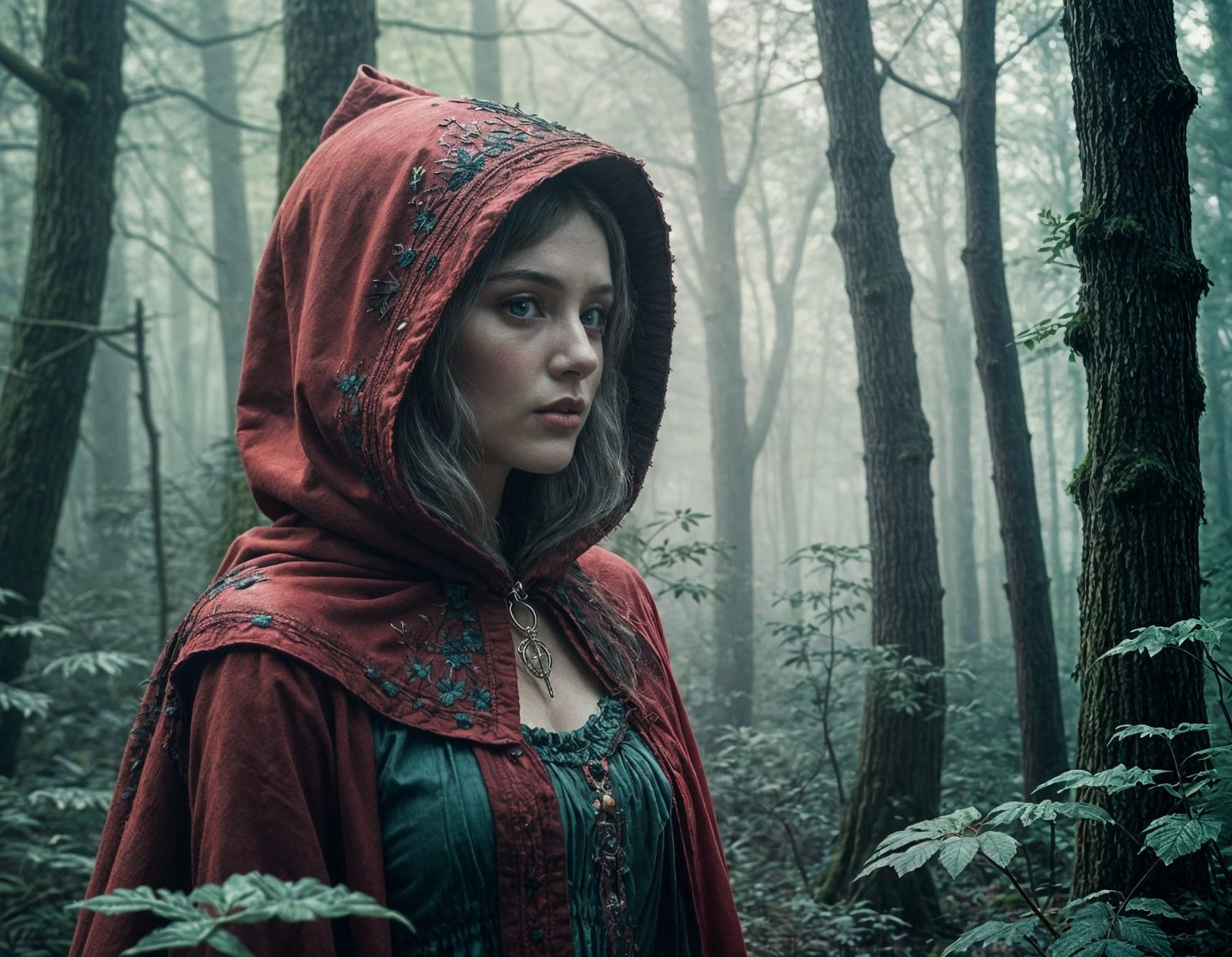 Victorian Red Riding Hood in a Dreamlike Forest