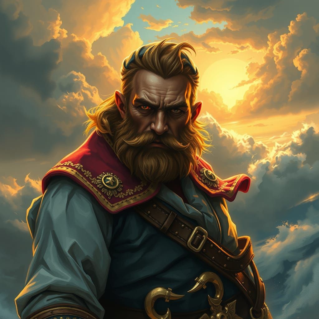 The Unambiguously Obstinate Captain Samson, clad in worn, intricately gold-trimmed naval attire, stands resolute against...